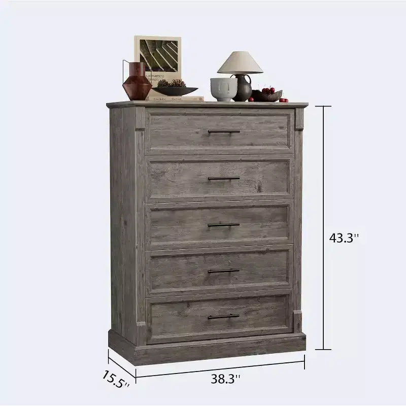 5 Drawer Dresser for Bedroom, Farmhouse Tall Chest of Drawers with Metal Handles, Rustic Wooden Dresser for Living Room, Hallway
