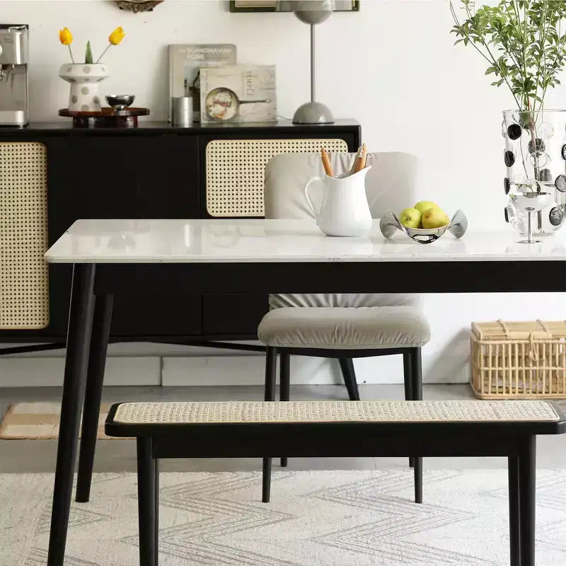 MAYEERTY Modern Solid Oak Wood Bench with Rattan for Bedroom, Entryway & Living Room, Black