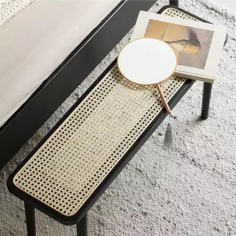 Modern Solid Oak Wood Bench with Rattan for Bedroom, Entryway & Living Room, Black