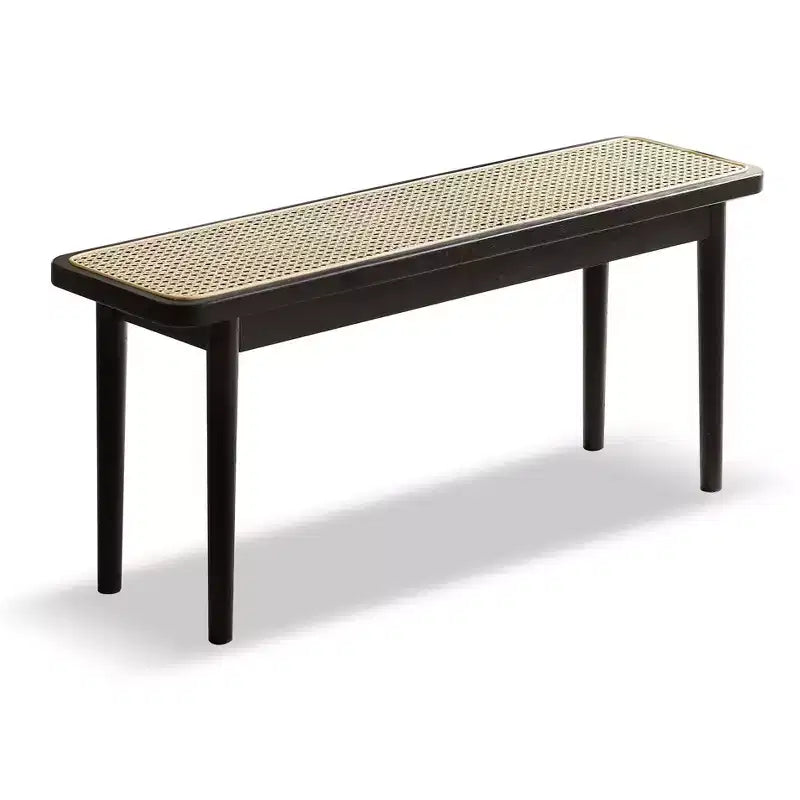 Modern Solid Oak Wood Bench with Rattan for Bedroom, Entryway & Living Room, Black