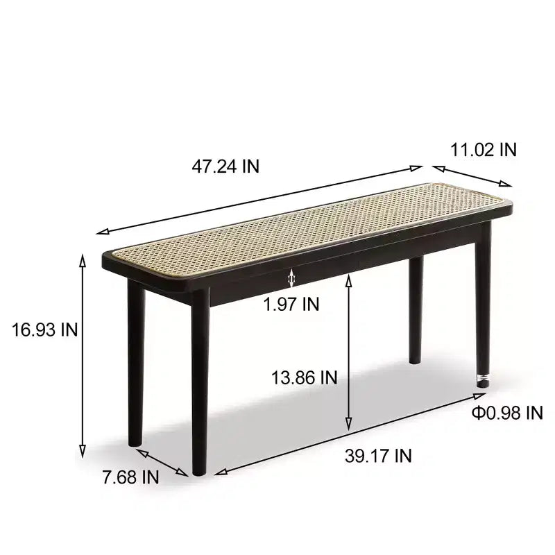 Modern Solid Oak Wood Bench with Rattan for Bedroom, Entryway & Living Room, Black