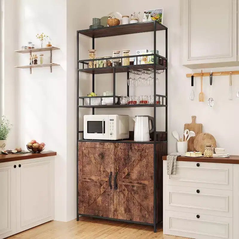 70.8 Industrial Bar Cabinet, 5 Tier Freestanding Wine Rack with Cabinet & Glass Holder, Tall Kitchen Storage Shelf, Liquor Organizer, Baker's Rack