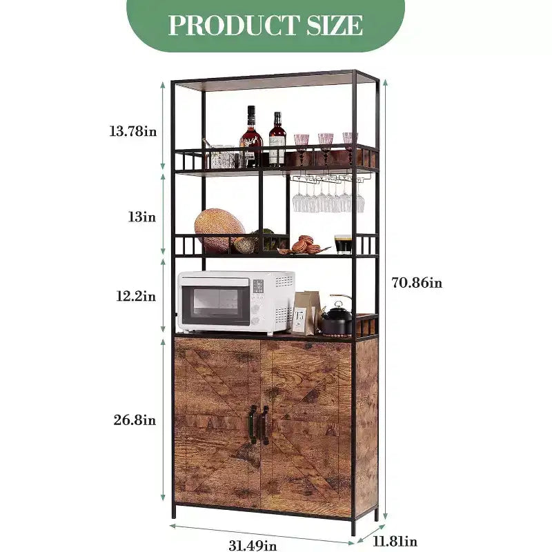 70.8 Industrial Bar Cabinet, 5 Tier Freestanding Wine Rack with Cabinet & Glass Holder, Tall Kitchen Storage Shelf, Liquor Organizer, Baker's Rack