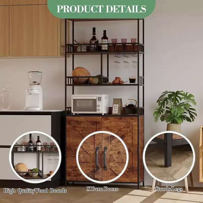 70.8 Industrial Bar Cabinet, 5 Tier Freestanding Wine Rack with Cabinet & Glass Holder, Tall Kitchen Storage Shelf, Liquor Organizer, Baker's Rack