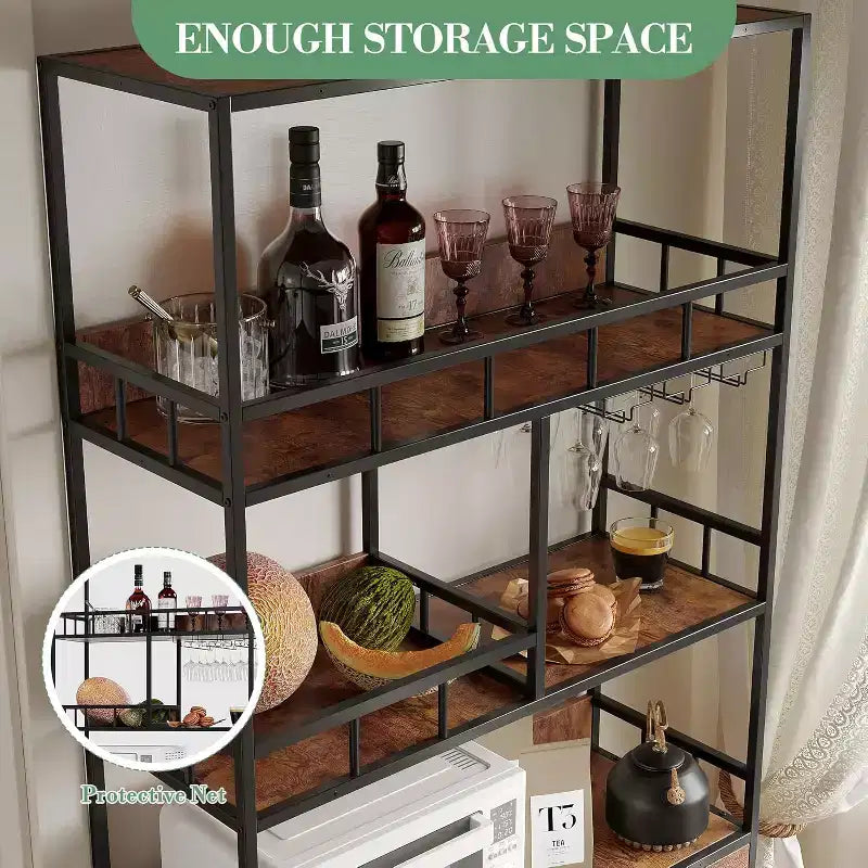 70.8 Industrial Bar Cabinet, 5 Tier Freestanding Wine Rack with Cabinet & Glass Holder, Tall Kitchen Storage Shelf, Liquor Organizer, Baker's Rack