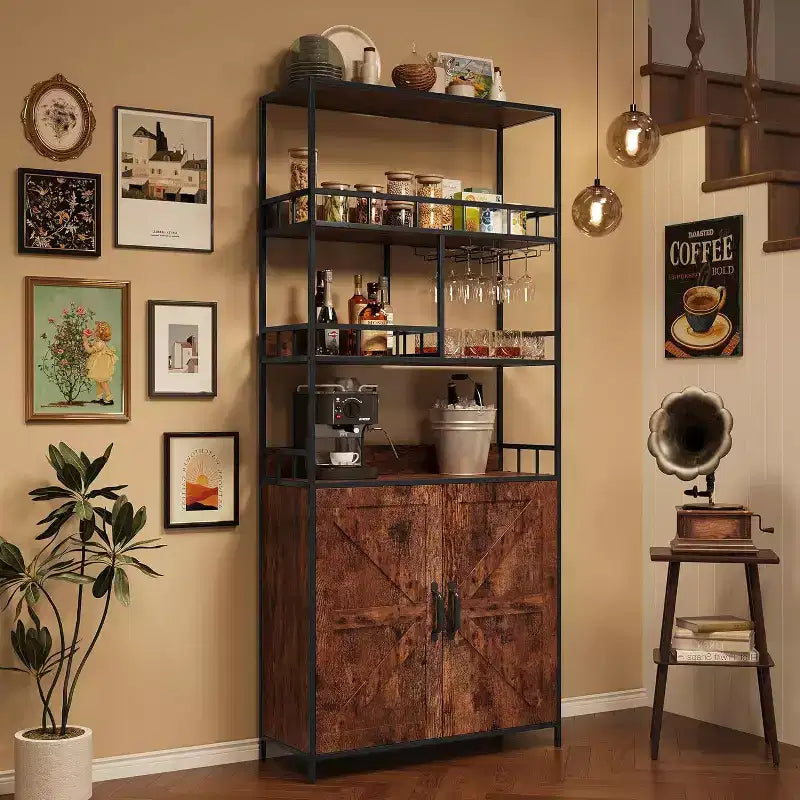 70.8 Industrial Bar Cabinet, 5 Tier Freestanding Wine Rack with Cabinet & Glass Holder, Tall Kitchen Storage Shelf, Liquor Organizer, Baker's Rack