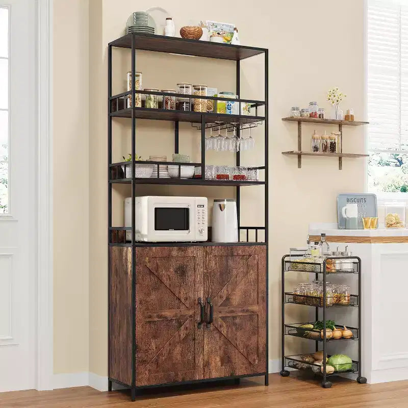 70.8 Industrial Bar Cabinet, 5 Tier Freestanding Wine Rack with Cabinet & Glass Holder, Tall Kitchen Storage Shelf, Liquor Organizer, Baker's Rack