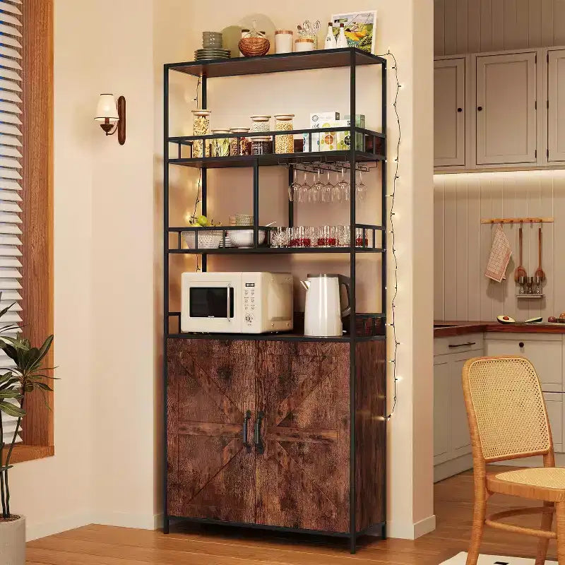 70.8 Industrial Bar Cabinet, 5 Tier Freestanding Wine Rack with Cabinet & Glass Holder, Tall Kitchen Storage Shelf, Liquor Organizer, Baker's Rack