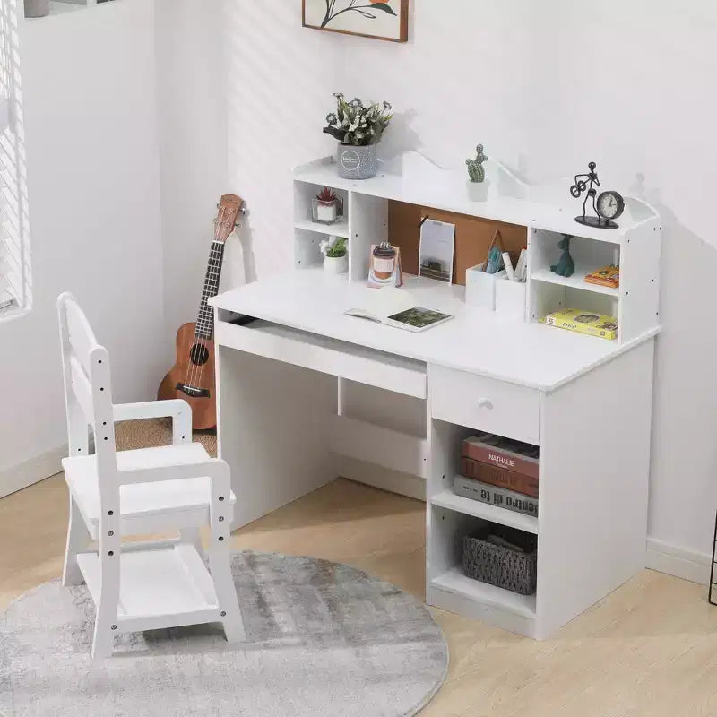 Kids Desk and Chair Set, Adjustable Study Table with Hutch, Student Desk with Cork Board, Keyboard Tray & Storage, White Study Furniture for Children