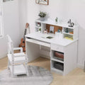 Kids Desk and Chair Set, Adjustable Study Table with Hutch, Student Desk with Cork Board, Keyboard Tray & Storage, White Study Furniture for Children