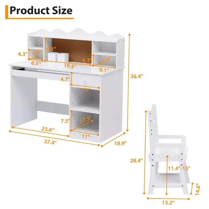 Kids Desk and Chair Set, Adjustable Study Table with Hutch, Student Desk with Cork Board, Keyboard Tray & Storage, White Study Furniture for Children