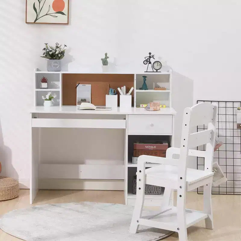Kids Desk and Chair Set, Adjustable Study Table with Hutch, Student Desk with Cork Board, Keyboard Tray & Storage, White Study Furniture for Children