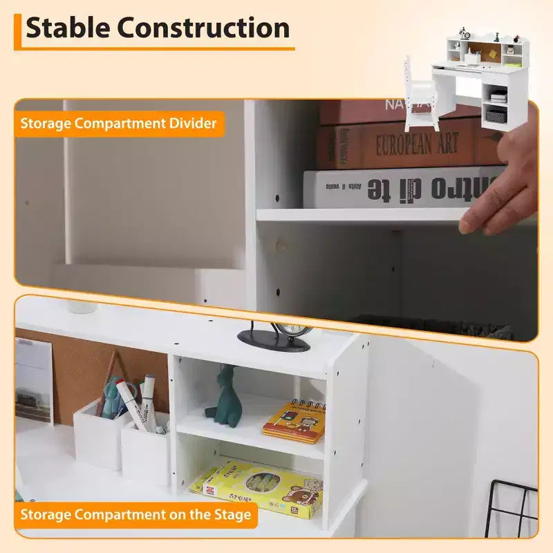 Kids Desk and Chair Set, Adjustable Study Table with Hutch, Student Desk with Cork Board, Keyboard Tray & Storage, White Study Furniture for Children