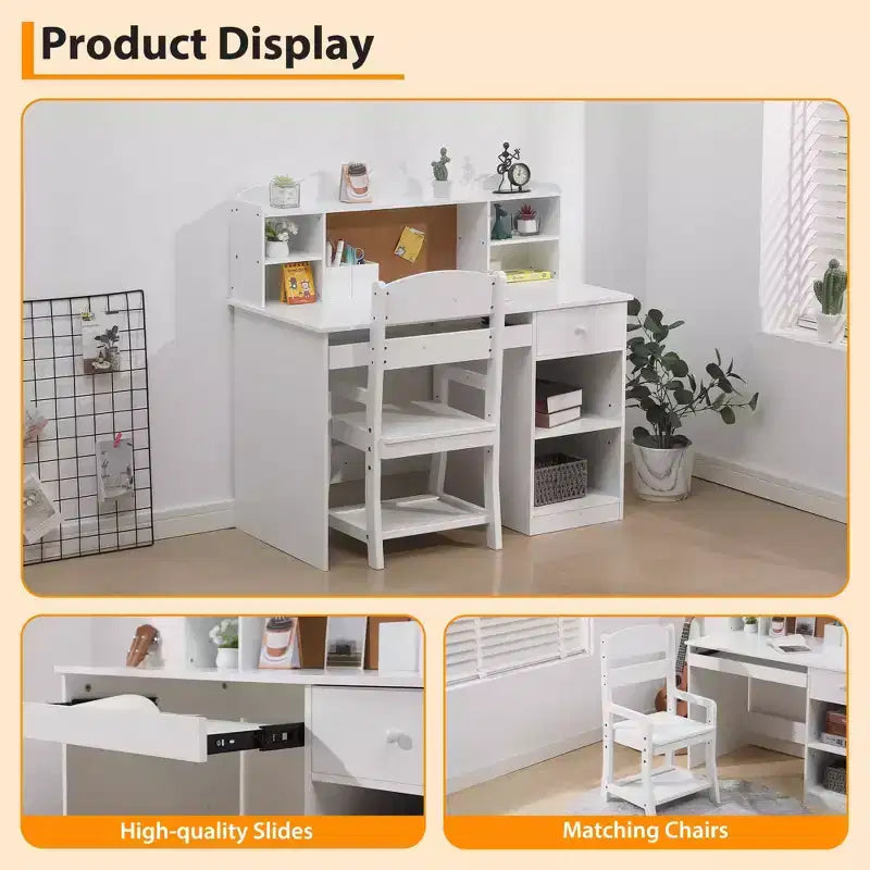Kids Desk and Chair Set, Adjustable Study Table with Hutch, Student Desk with Cork Board, Keyboard Tray & Storage, White Study Furniture for Children