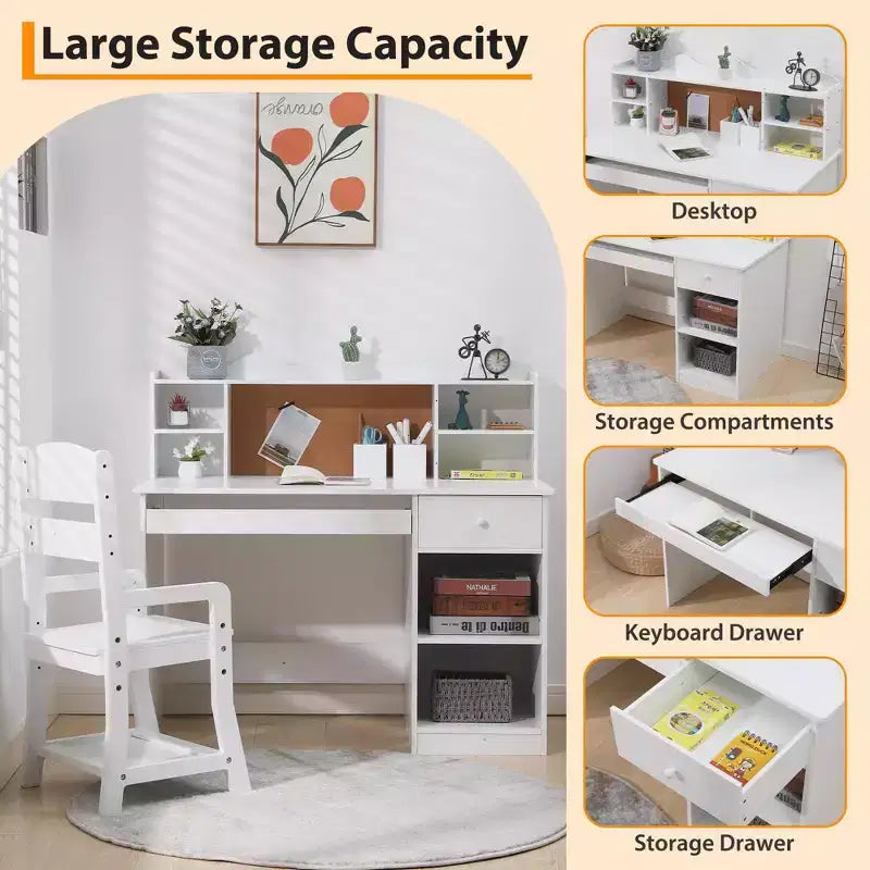 Kids Desk and Chair Set, Adjustable Study Table with Hutch, Student Desk with Cork Board, Keyboard Tray & Storage, White Study Furniture for Children