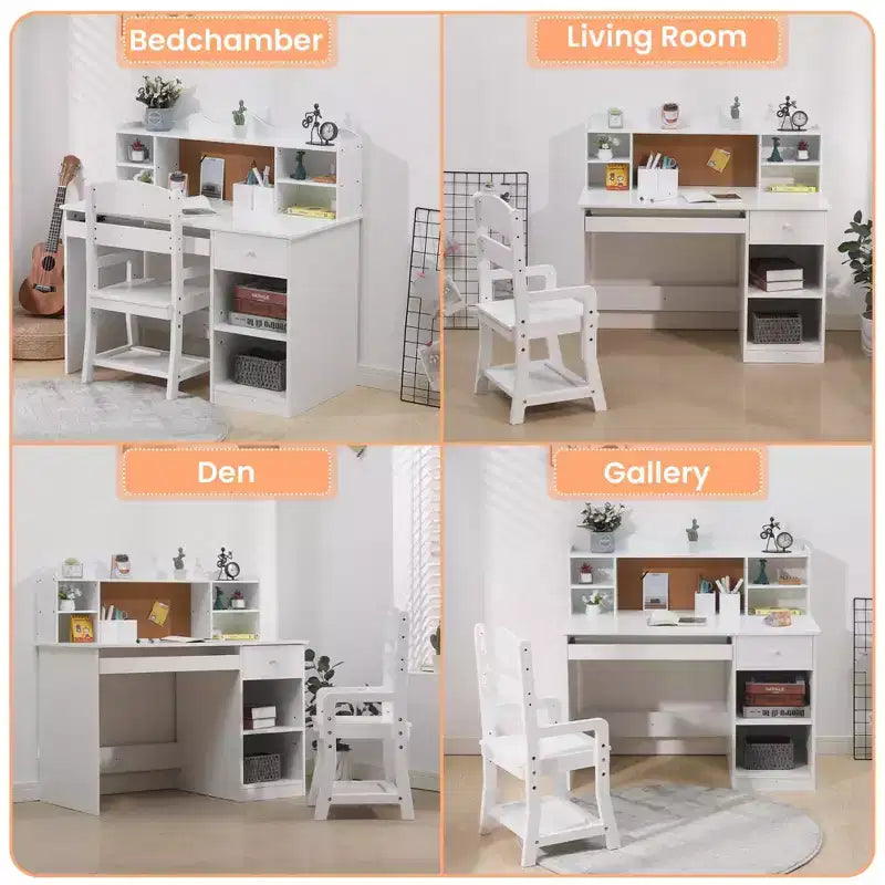Kids Desk and Chair Set, Adjustable Study Table with Hutch, Student Desk with Cork Board, Keyboard Tray & Storage, White Study Furniture for Children