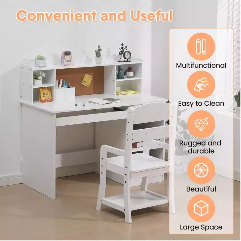 Kids Desk and Chair Set, Adjustable Study Table with Hutch, Student Desk with Cork Board, Keyboard Tray & Storage, White Study Furniture for Children
