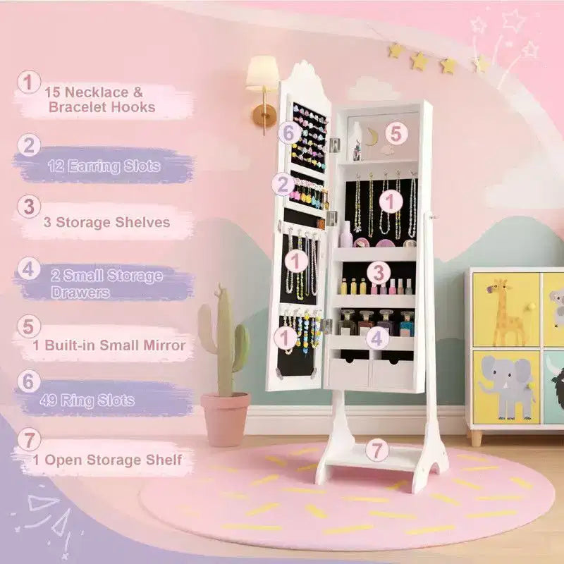 Heart MDF Kids Jewelry Cabinet in White Jewelry Armoire with 1 Door and 1 Shelf