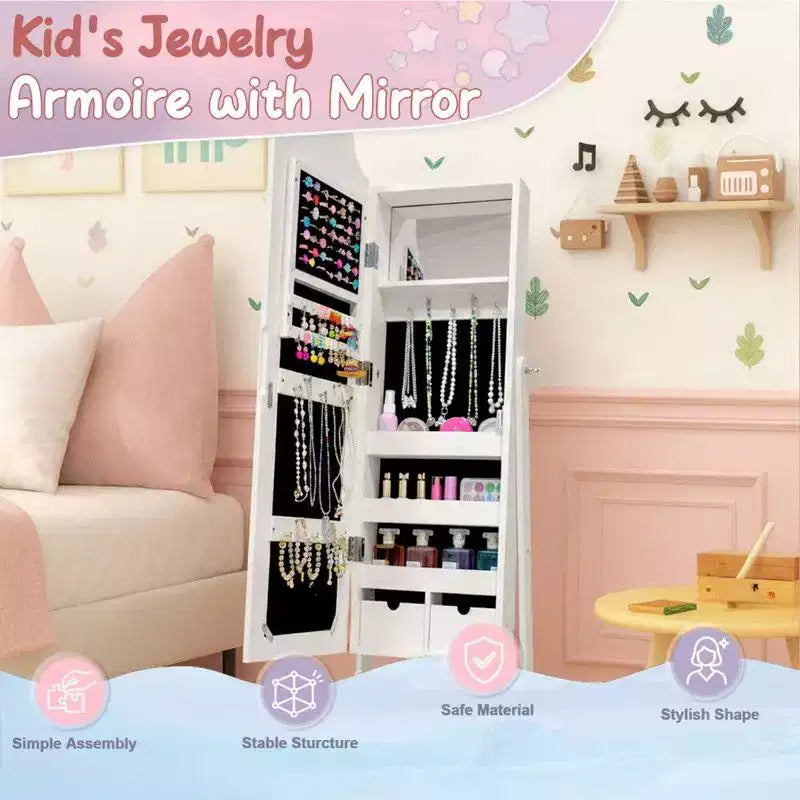Heart MDF Kids Jewelry Cabinet in White Jewelry Armoire with 1 Door and 1 Shelf