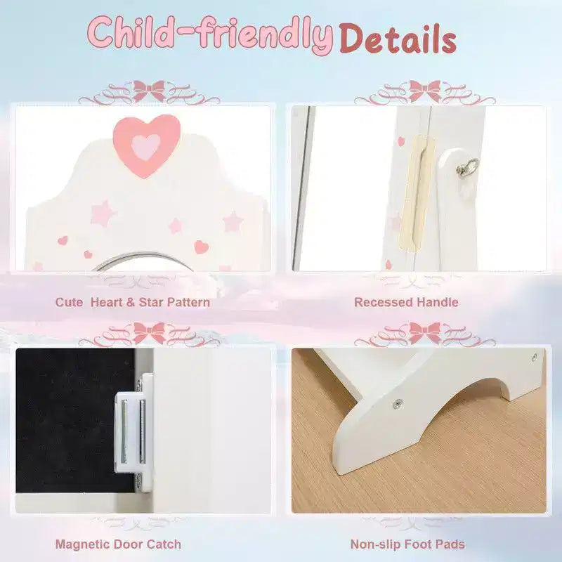 Heart MDF Kids Jewelry Cabinet in White Jewelry Armoire with 1 Door and 1 Shelf