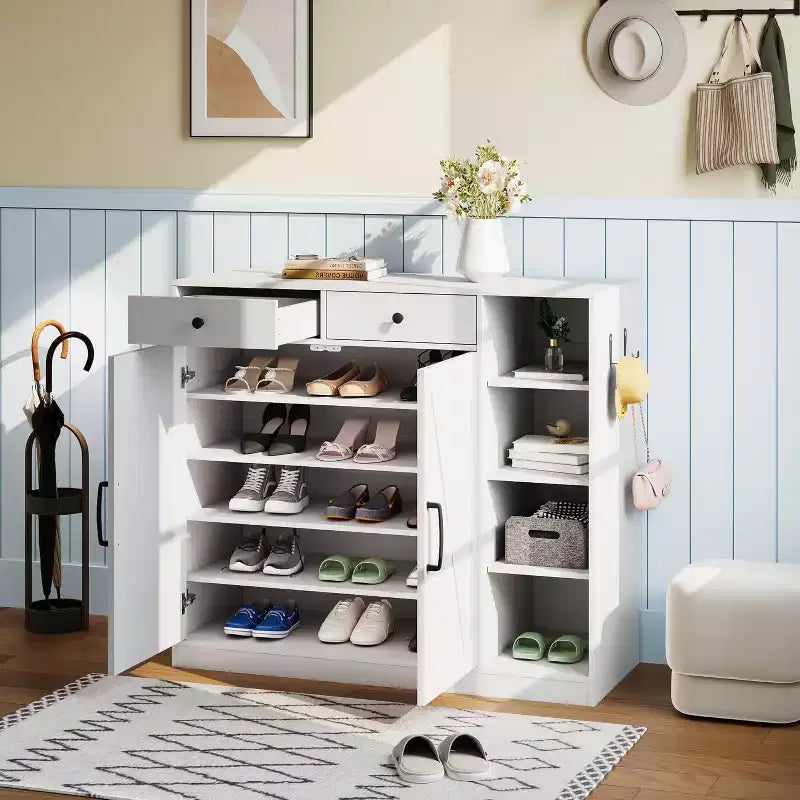 Shoe Storage Cabinet, Modern Farmhouse Shoe Rack Organizer with 6 Adjustable Shelves & 2 Drawers, Freestanding Entryway Cabinet for Home Office