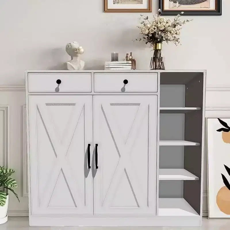 Shoe Storage Cabinet, Modern Farmhouse Shoe Rack Organizer with 6 Adjustable Shelves & 2 Drawers, Freestanding Entryway Cabinet for Home Office