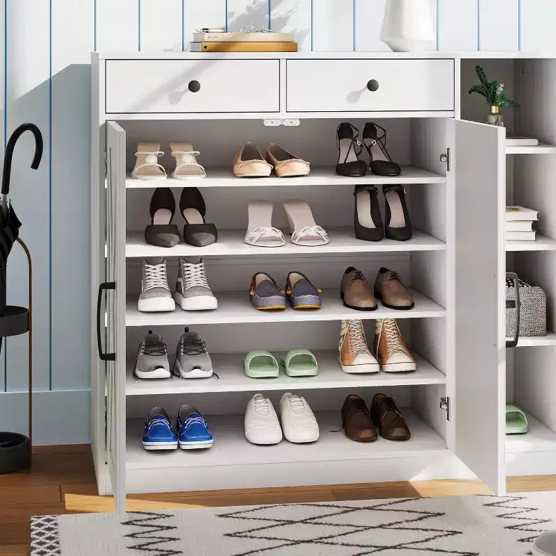 Shoe Storage Cabinet, Modern Farmhouse Shoe Rack Organizer with 6 Adjustable Shelves & 2 Drawers, Freestanding Entryway Cabinet for Home Office