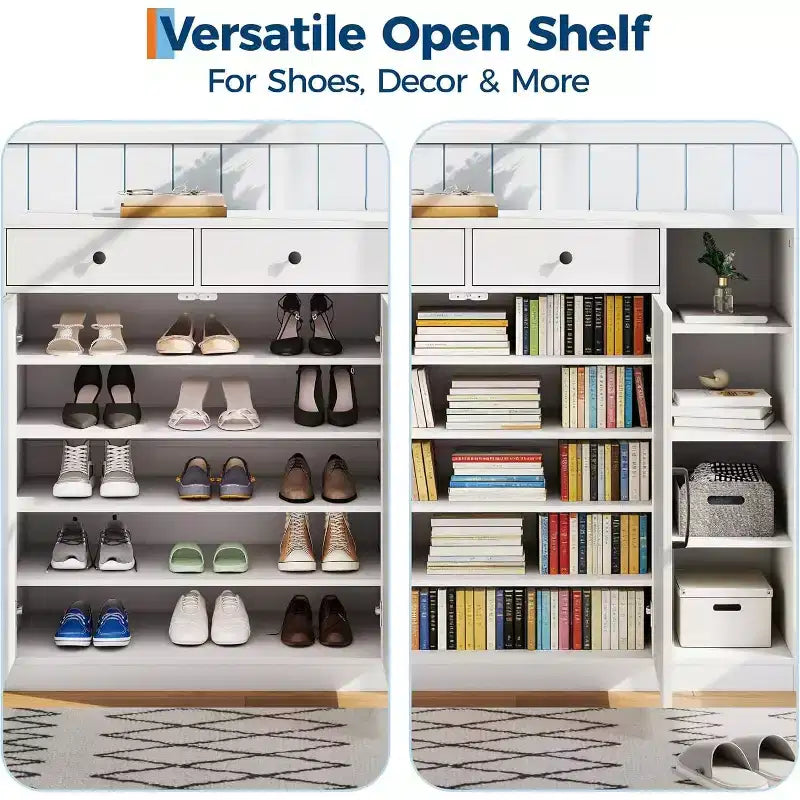 Shoe Storage Cabinet, Modern Farmhouse Shoe Rack Organizer with 6 Adjustable Shelves & 2 Drawers, Freestanding Entryway Cabinet for Home Office