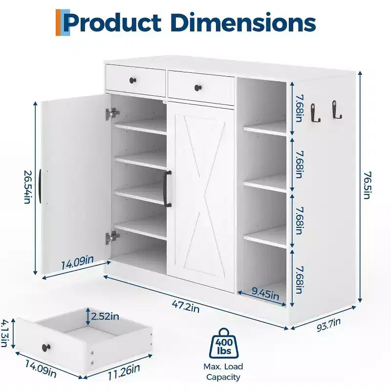 Shoe Storage Cabinet, Modern Farmhouse Shoe Rack Organizer with 6 Adjustable Shelves & 2 Drawers, Freestanding Entryway Cabinet for Home Office