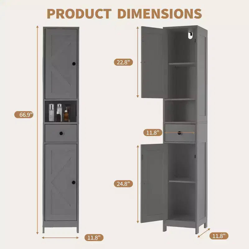 Tall Bathroom Cabinet with 2 Adjustable Shelves, Freestanding Storage Organizer with Anti-Tip Safety for Bathroom, Kitchen or Hallway