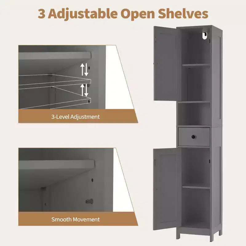 Tall Bathroom Cabinet with 2 Adjustable Shelves, Freestanding Storage Organizer with Anti-Tip Safety for Bathroom, Kitchen or Hallway