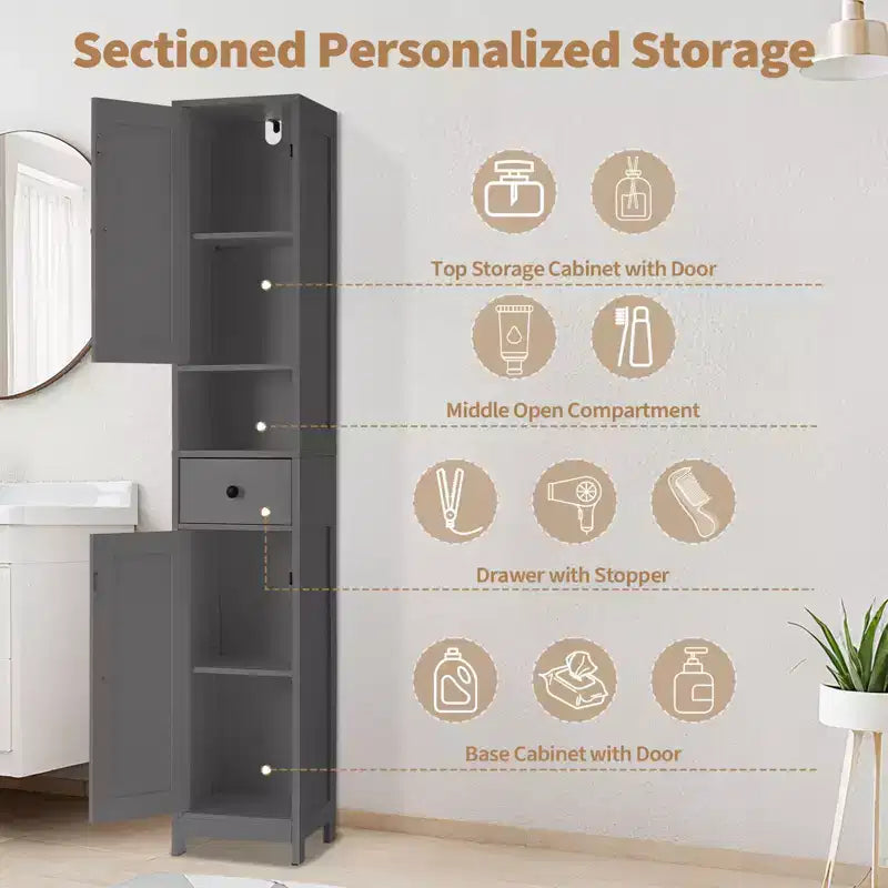 Tall Bathroom Cabinet with 2 Adjustable Shelves, Freestanding Storage Organizer with Anti-Tip Safety for Bathroom, Kitchen or Hallway