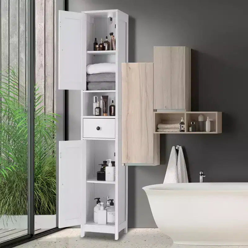 Tall Bathroom Cabinet with 2 Adjustable Shelves, Freestanding Storage Organizer with Anti-Tip Safety for Bathroom, Kitchen or Hallway