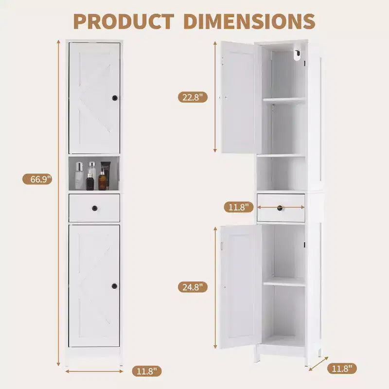 Tall Bathroom Cabinet with 2 Adjustable Shelves, Freestanding Storage Organizer with Anti-Tip Safety for Bathroom, Kitchen or Hallway
