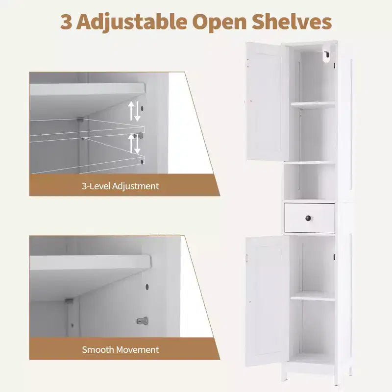 Tall Bathroom Cabinet with 2 Adjustable Shelves, Freestanding Storage Organizer with Anti-Tip Safety for Bathroom, Kitchen or Hallway