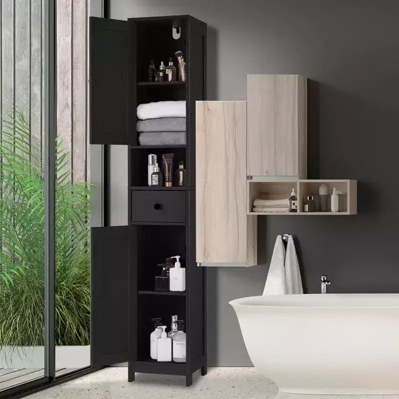 Tall Bathroom Cabinet with 2 Adjustable Shelves, Freestanding Storage Organizer with Anti-Tip Safety for Bathroom, Kitchen or Hallway