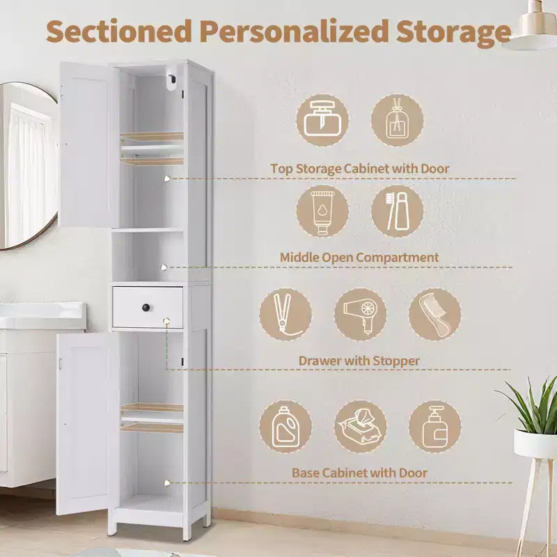 Tall Bathroom Cabinet with 2 Adjustable Shelves, Freestanding Storage Organizer with Anti-Tip Safety for Bathroom, Kitchen or Hallway