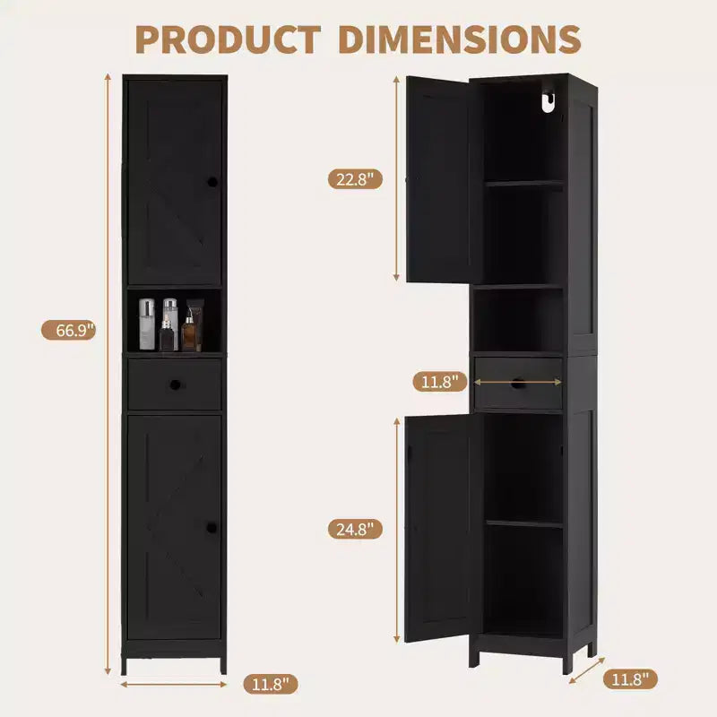 Tall Bathroom Cabinet with 2 Adjustable Shelves, Freestanding Storage Organizer with Anti-Tip Safety for Bathroom, Kitchen or Hallway
