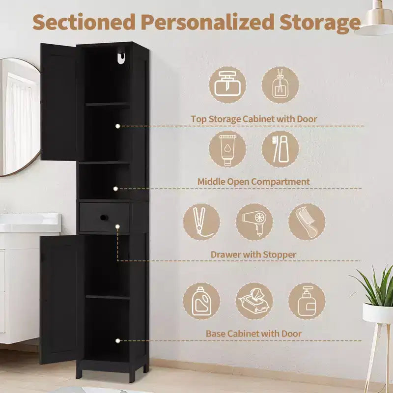 Tall Bathroom Cabinet with 2 Adjustable Shelves, Freestanding Storage Organizer with Anti-Tip Safety for Bathroom, Kitchen or Hallway