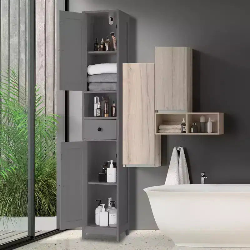 Tall Bathroom Cabinet with 2 Adjustable Shelves, Freestanding Storage Organizer with Anti-Tip Safety for Bathroom, Kitchen or Hallway