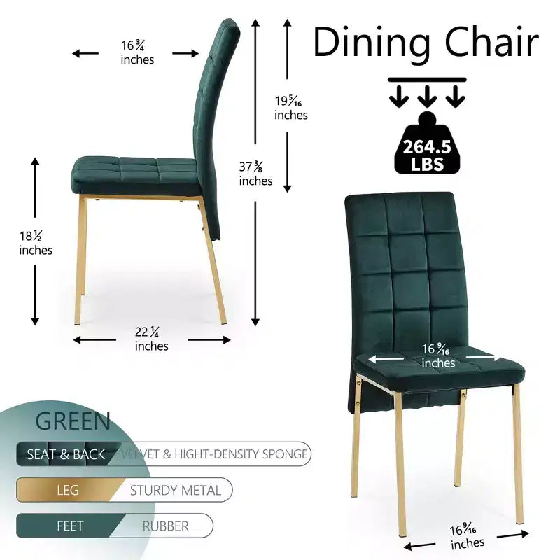 Velvet High Back Nordic Dining Chair Modern Fabric Chair with Golden Color Legs Set of 4 Green
