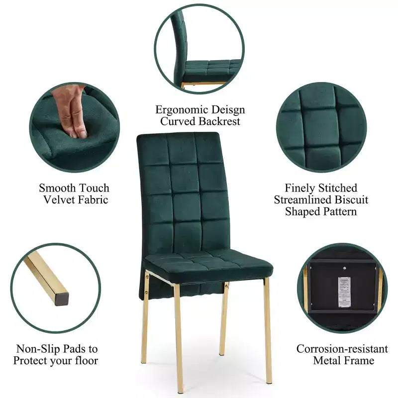 Velvet High Back Nordic Dining Chair Modern Fabric Chair with Golden Color Legs Set of 4 Green