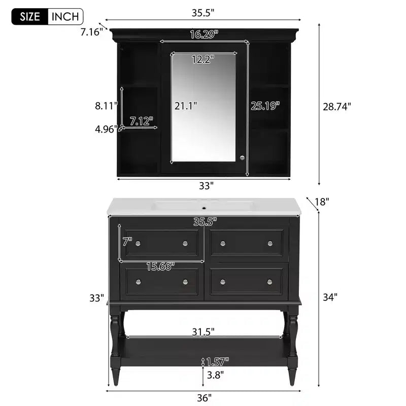 36 Bathroom Vanity Sink Combo, Bathroom Mirror Cabinet with Adjustable Shelf, Bathroom storage Cabinet with Drawers