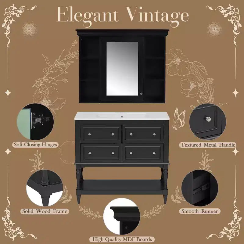 36 Bathroom Vanity Sink Combo, Bathroom Mirror Cabinet with Adjustable Shelf, Bathroom storage Cabinet with Drawers