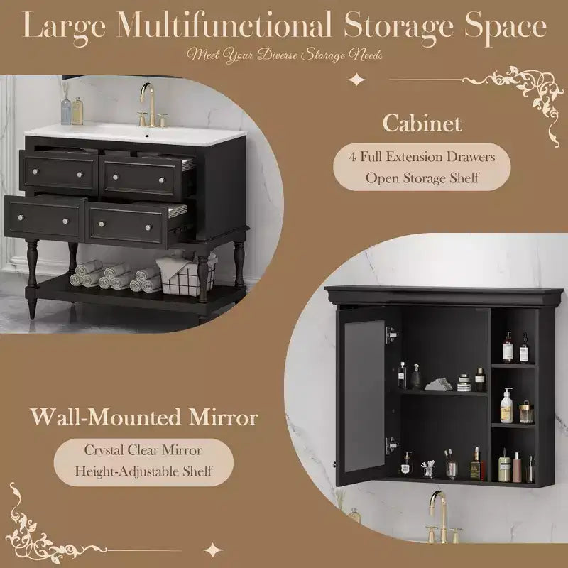 36 Bathroom Vanity Sink Combo, Bathroom Mirror Cabinet with Adjustable Shelf, Bathroom storage Cabinet with Drawers