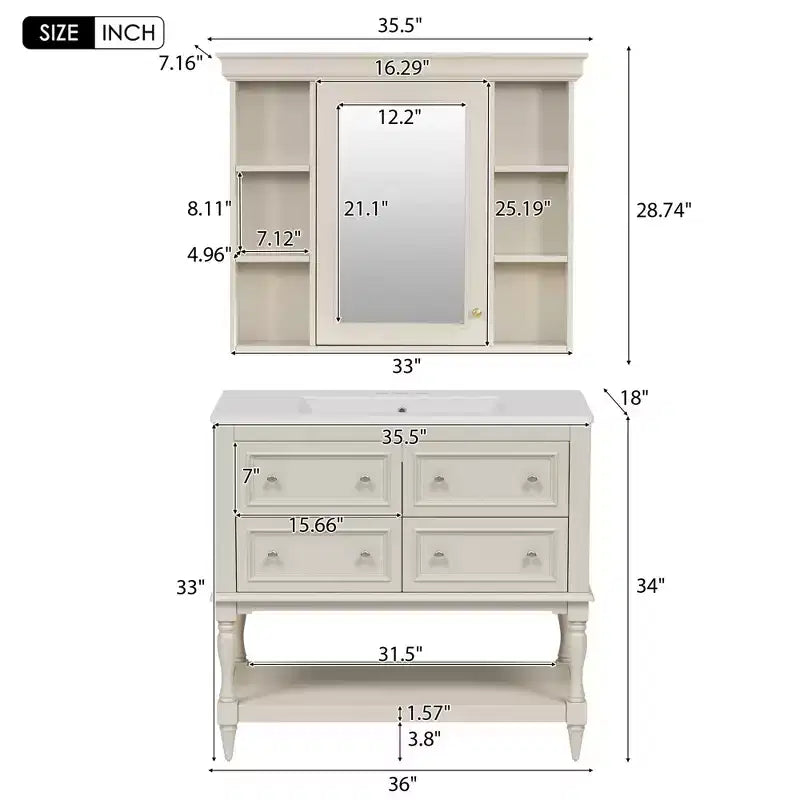 36 Bathroom Vanity Sink Combo, Bathroom Mirror Cabinet with Adjustable Shelf, Bathroom storage Cabinet with Drawers
