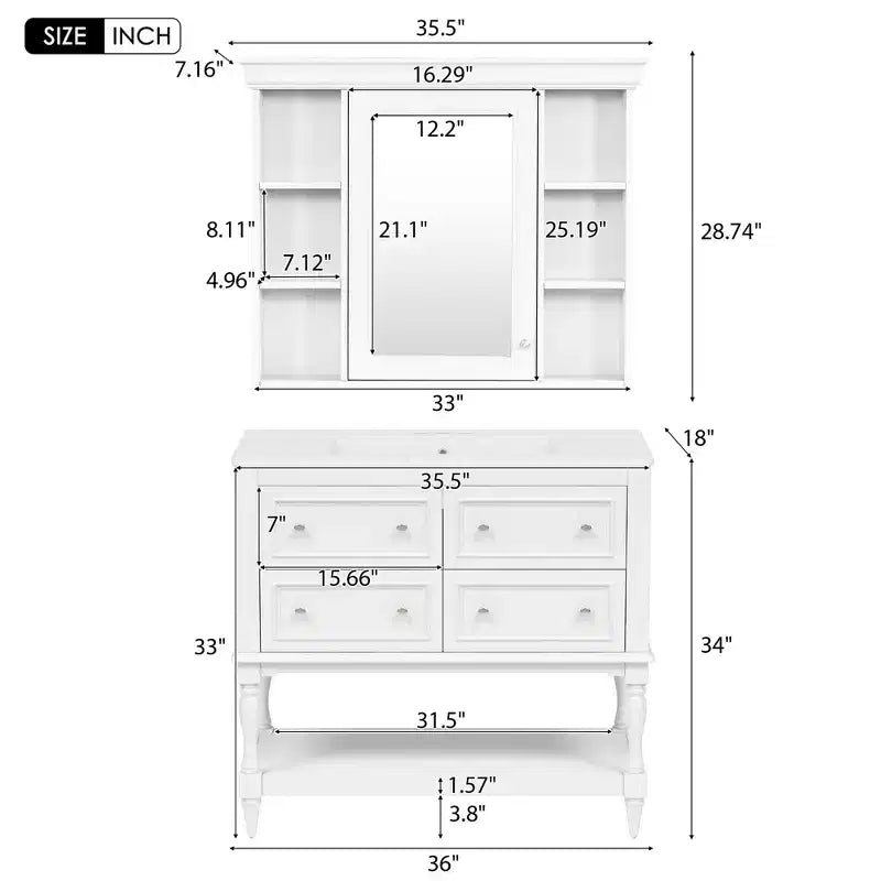 36 Bathroom Vanity Sink Combo, Bathroom Mirror Cabinet with Adjustable Shelf, Bathroom storage Cabinet with Drawers