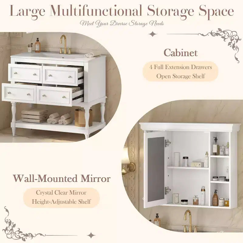 36 Bathroom Vanity Sink Combo, Bathroom Mirror Cabinet with Adjustable Shelf, Bathroom storage Cabinet with Drawers