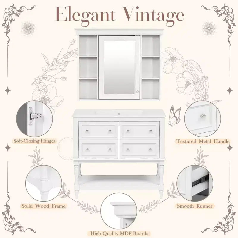 36 Bathroom Vanity Sink Combo, Bathroom Mirror Cabinet with Adjustable Shelf, Bathroom storage Cabinet with Drawers