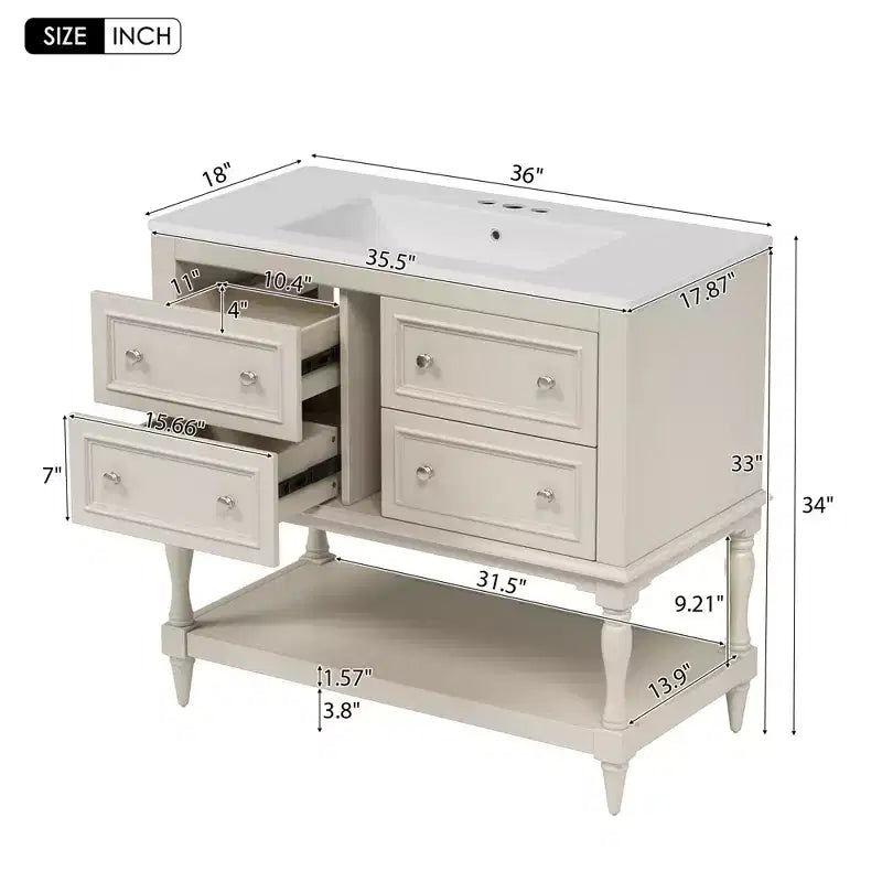 36 Bathroom Vanity Sink Combo, Bathroom Mirror Cabinet with Adjustable Shelf, Bathroom storage Cabinet with Drawers